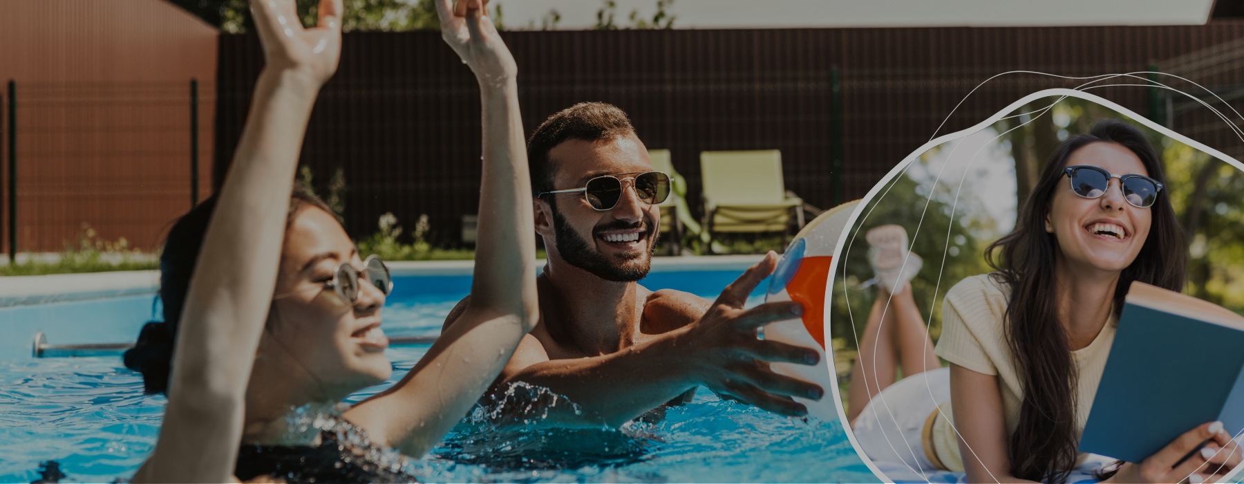 a man and woman playing volleyball in the pool